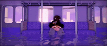 a person is sitting on a purple couch in a flooded train car