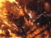 a man in a suit and tie is holding a sword in front of flames