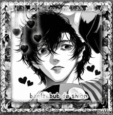 a black and white drawing of a boy with the words badizebub de shion on the bottom right