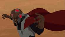 a cartoon character with a red cape and headphones on