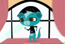a blue cartoon character is standing in front of a window wearing a black hat .