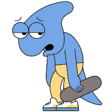 skater dinos big eyes blue yellow pants skateboard