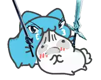 a cartoon drawing of a cat with a sword in its mouth and the number 3 on its face
