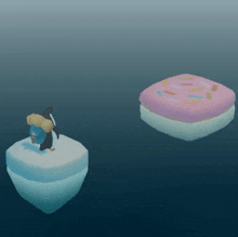 a penguin is standing on a piece of ice next to a donut with sprinkles