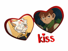 a couple of heart shaped buttons with the word kiss in red