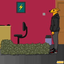a cartoon of a dog standing next to a pile of money with the word milli on the bottom