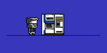 a pixel art of a man walking next to a machine