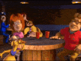 a group of cartoon characters are sitting at a table with red cups