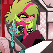 a cartoon character with long green hair is sitting in a chair with a cat on her lap