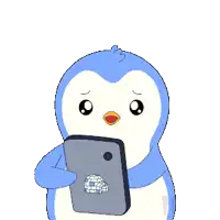 a penguin holding a cell phone with the words please reply written above it