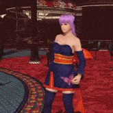 a woman with purple hair and a blue top