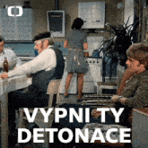 a group of people sitting around a table with vypnity detonace written on the top