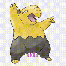 a cartoon drawing of a yellow and black pokemon with the word noin written below it