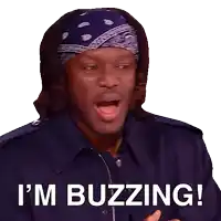 a man wearing a bandana and a blue jacket says i 'm buzzing