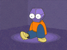 a cartoon drawing of a person with a purple head