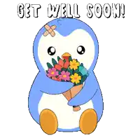 a penguin with a bandage on its head holds a bouquet of flowers