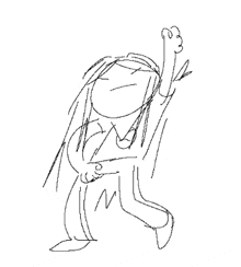 a black and white drawing of a person with long hair dancing