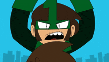 a cartoon character is wearing a green mask with a number 1 on it