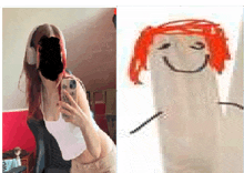 a woman taking a picture of herself next to a drawing of a person with red hair