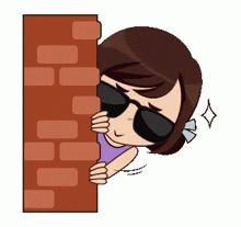 a cartoon of a girl wearing sunglasses peeking over a brick wall .