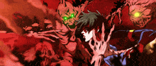 a cartoon of a man surrounded by monsters with glowing green eyes