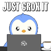 a penguin is sitting in front of a laptop with the words just grok it written above it