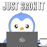 a penguin is sitting in front of a laptop with the words just grok it written above it