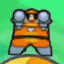 a cartoon character wearing orange shorts and boxing gloves is standing on a yellow object .