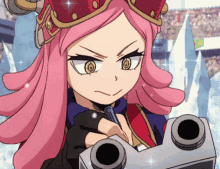 a girl with pink hair and a crown on her head is holding a gun