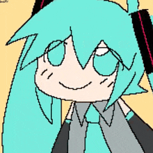 a pixel art drawing of hatsune miku with a smile on her face