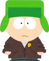 a cartoon character from south park wearing a brown jacket and green hat