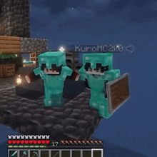 a couple of minecraft characters are standing next to each other on a floating island .