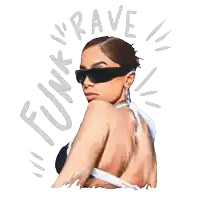 a drawing of a woman wearing sunglasses and the words funk rave around her