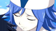 a girl with blue hair wearing a white hat is crying