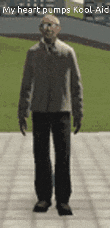 a man is walking down a sidewalk with the words " my heart pumps kool-aid " written above him