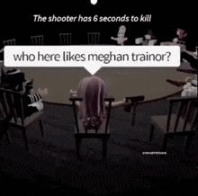 a group of people are sitting around a table with a speech bubble that says who here likes meghan trainor .
