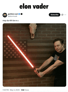 a picture of elon musk holding a light saber in front of an american flag
