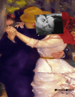 a painting of a man and woman dancing with a picture of a man kissing a woman behind them
