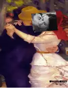 a painting of a man and woman dancing with a picture of a man kissing a woman behind them