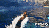 a video game called voyagers of nera shows a person on a surfboard in the ocean
