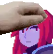 a pixel art drawing of a person 's head with a hand on it