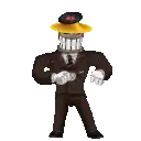 a cartoon character in a suit and tie with a record on his head .