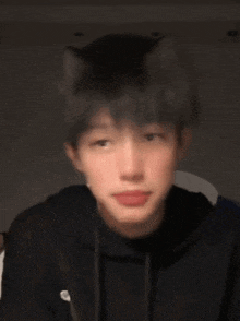 a young man wearing a cat ear hat is making a face .