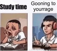 a cartoon of a boy yawning and a cartoon of a boy wearing headphones and giving a thumbs up
