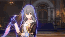 a girl in a video game holding a feather and a knife