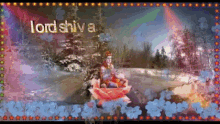 a painting of lord shiva with a snowy forest in the background