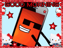 a picture of a hello kitty and a cell phone with the words good morning