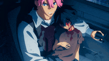 a man with pink hair is holding a little girl with blood on her face