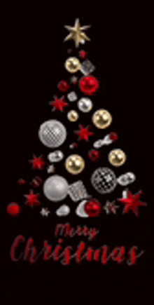 a christmas tree made of christmas decorations on a black background