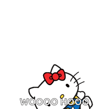 hello kitty is jumping in the air with the words woooo hooo written below her